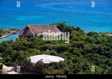 Aerial view of the Xcaret,  Maya civilization archaeological site, Yucatan Peninsula, Quintana Roo, Mexico Stock Photo