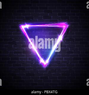 Inverted triangle border with light effects on brick texture wall. Neon sign with blank space for text. Electricity led triangle background. Electric vector illustration for your business presentation Stock Vector