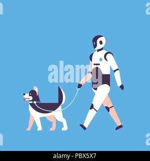 Modern robot walking dog house helper bot artificial intelligence technology concept blue background flat Stock Vector