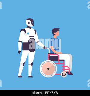 bot helper hold man wheelchair medical care personal assistant chat bubble communication robot character artificial intelligence concept blue background flat full length vector illustration Stock Vector