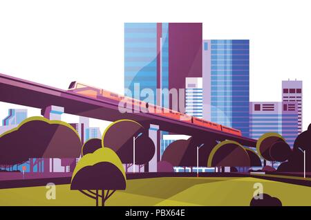 Subway monorail over city skyscraper view cityscape background skyline flat horizontal Stock Vector