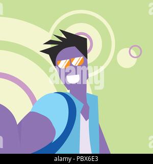 violet cartoon character man doing selfie green background glasses fabulous personage party concept flat Stock Vector