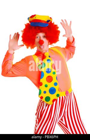 Happy young clown boy on white background. Stock Photo