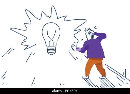 businessman thinking new idea light lamp concept innovation strategy man colored silhouette sketch doodle horizontal Stock Vector