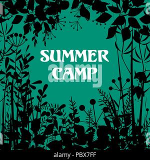 Summer camp background. Vector decorative floral frame with forest elements. Doodles background for summer open air projects, cards, packaging Stock Vector