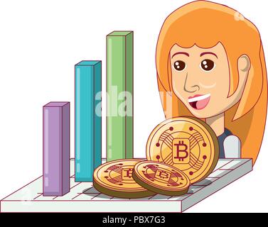 bar chart with cartoon woman and cryptocoins over white background, vector illustration Stock Vector