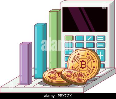 bar chart with calculator and cryptocoins over white background, vector illustration Stock Vector