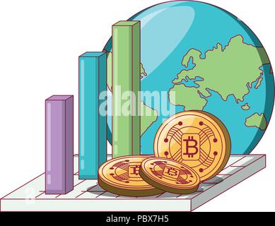 bar chart with earth planet and cryptocoins over white background, vector illustration Stock Vector