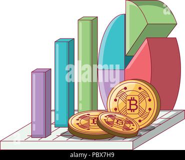 bar and pie chart with cryptocoins over white background, vector illustration Stock Vector