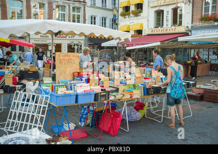 A secondhand bookstall at the market in St. Catherine's Place, Honfleur, Normandy, France Stock Photo