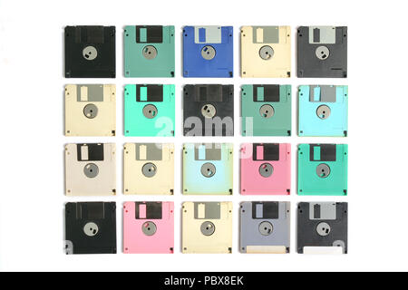 Set of colorful floppy disk or diskette on white background. Top view. Flat lay. Stock Photo