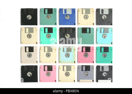 Set of colorful floppy disk or diskette on white background. Top view. Flat lay. Stock Photo