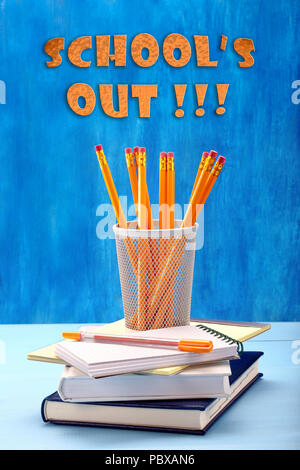 Schools end inscription and supplies on blackboard background Stock Photo