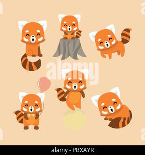 Cute red panda on pastel background. Animal cartoon design. Stock Vector