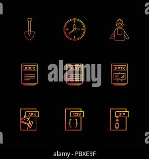 Spade ,clock , engineer , pptx ,power point , zip , compressed , docx , xlsx , excel file , css , apk android ,icon, vector, design,  flat,  collectio Stock Vector
