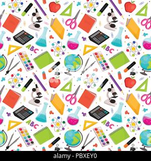 School doodle background. Vector seamless pattern from school elements hand drawn on squared background. Back to school backdrop in sketch style. Stock Vector