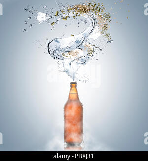 Cold beer with pieces of ice and drops by the bottle and splashes of water, lupus, malt on gray background Stock Photo