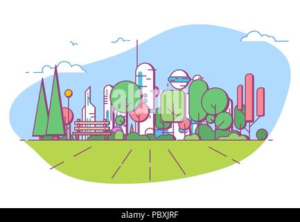 Futuristic city park with bench Stock Vector