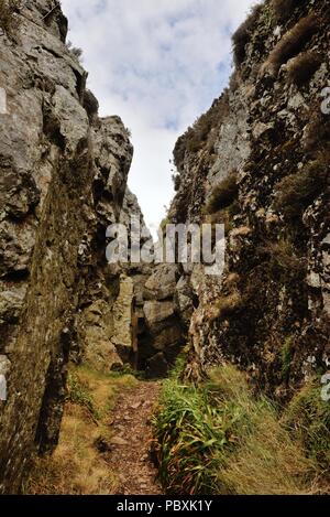The Whangie, a stone corridor stretching for nearly 100m with high cliffs either side situated on Auchineden Hill, north of Glasgow, Scotland, Uk Stock Photo