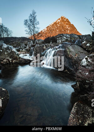 Buachaille Etive Mor Mountain and waterfall, Scotland, UK, Europe Stock Photo