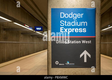 Close up of a sign to the Dodger Stadium Express in the LA Metro, Los Angeles, California, USA Stock Photo