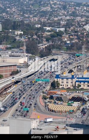 Aerial view of traffic on a Los Angeles Freeway Highway Motorway in LA, California, CA, USA Stock Photo