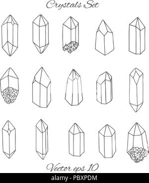 Vector crystals contours set on the white background. Hand drawn gemstones line art collection. Stock Vector