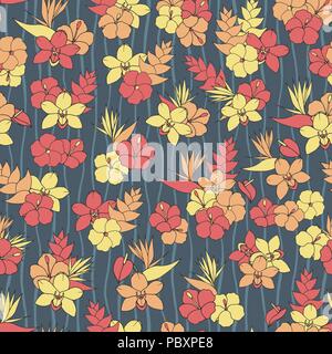 Vector tropical repeat pattern with orchid, hibiscus and bird of paradise flowers on the blue vertical wavy background. Exotic floral print design. Stock Vector