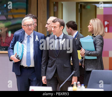 Belgium, Brussels on 2018/03/22: Summit of EU Heads of States. President of the French Republic Emmanuel Macron and Jean-Claude Juncker, president of  Stock Photo