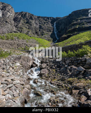 Looking up to the waterfall on the trollstigen pass, in the Isterdalen Valley, near Andalsnes, Norway Stock Photo