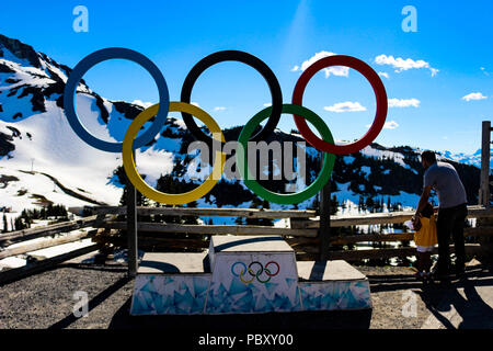 Olympic Rings on the top of Blackcomb mountain in Whistler, British Columbia in June 20th 2018 Stock Photo