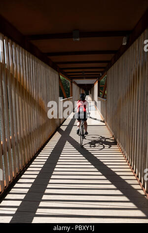 A female cyclist crossing a covered wooden bridge in Norway Stock Photo