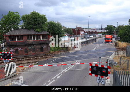 Looking down on a level crossing situated between High Street & Albion Street in Castleford, West Yorkshire Stock Photo