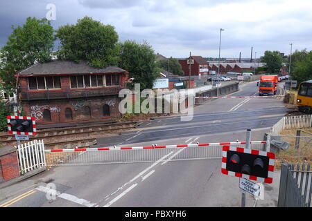 Looking down on a level crossing situated between High Street & Albion Street in Castleford, West Yorkshire Stock Photo