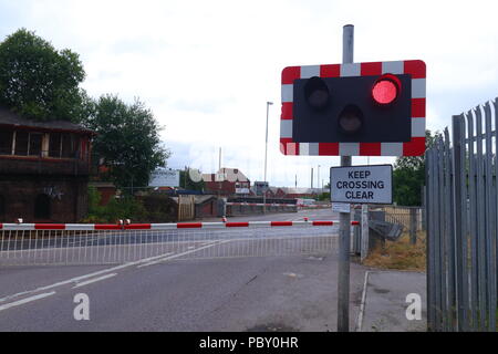 A level crossing situated between High Street & Albion Street in Castleford, West Yorkshire Stock Photo