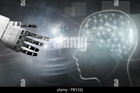 Robot hand reaching towards digitalized brain with implant Stock Photo