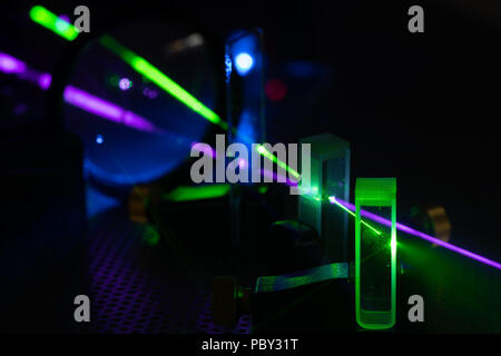 green and blue laser on optical table in physics laboratory Stock Photo