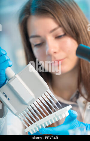 student woman with multi pipette and other PCR items in microbiological / genetic laboratory Stock Photo