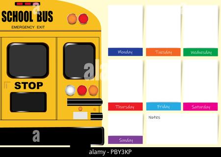 My week planner with a part of school bus contains white charts for each day of the week designed by different color ready for your text. Stock Vector