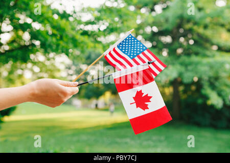Macro closeup shot of hand arm holding waving Canadian and American flags on green forest park nature background outside, celebration of national or f Stock Photo