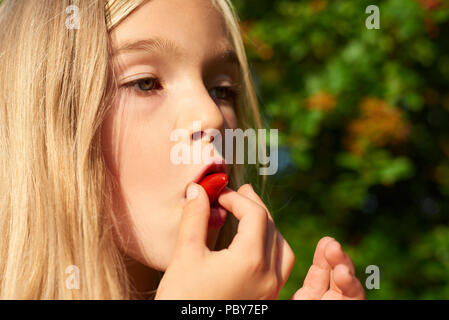 Child cute girl holding fresh raw chilli pepper and preparing to eat it outside in summer garden. Greenery background Stock Photo