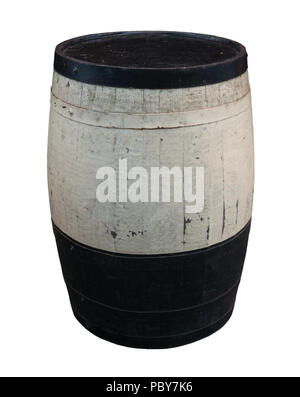 Old oak barrel in white and black with metal rings cut out on white background Stock Photo
