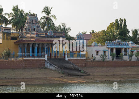 Kanadukathan, India - March 11, 2018: The entrance to the Chidambara Vinayagar Hindu temple compound in the Chettinad town in Tamil Nadu state Stock Photo