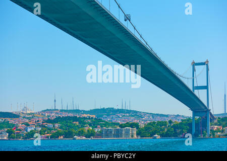 Perspective of Fatih Sultan Mehmet Bridge over Bosporus Strait in Istanbul, Turkey Stock Photo
