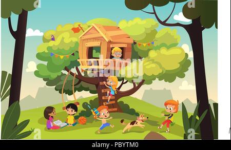 Happy multiracial boys and girls playing and having fun in the treehouse, kids playing with dog, and watering gun, reading book and climb ladder in the neighborhood. Detailed vector Illustration. Stock Vector