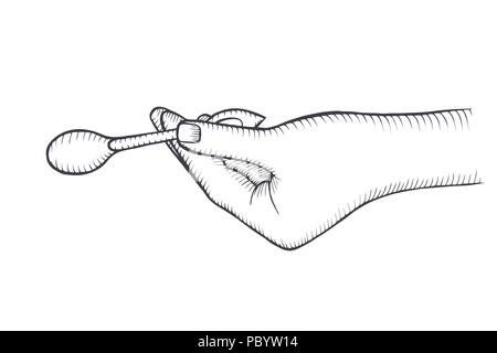 hand with with spoon is painted in an old style of engraving Stock Vector