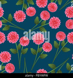Pink Dahlia on Indigo Blue Background. Mexico's national flower. Vector Illustration. Stock Vector