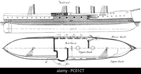 . Diagrams depicting right elevation and plan views of British broadside ironclad battleship HMS Sultan (1870). circa. 1871-1888 281 HMS Sultan diagrams Brasseys 1888 Stock Photo