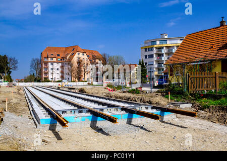 Strasbourg, tram construction site, railway tracks, concrete bed, houses, line E extension, Alsace, France, Europe, Stock Photo