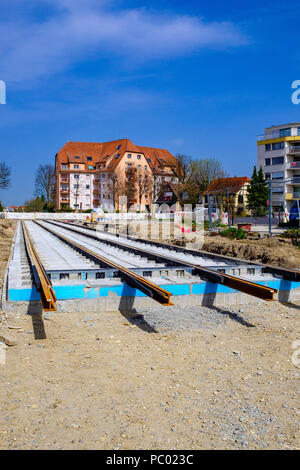 Strasbourg, tram construction site, railway tracks, concrete bed, houses, line E extension, Alsace, France, Europe, Stock Photo